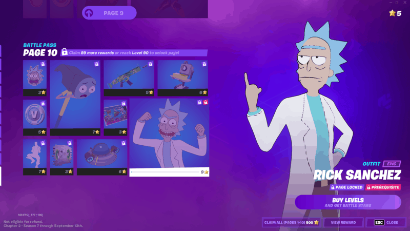 The new Fortnite Season 7 Battle Pass skin, Rick Sanchez, featuring the iconic blue haired scientist from the TV show "Rick and Morty"