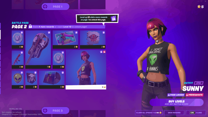 The new Fortnite Season 7 Battle Pass skin, Sunny, featuring the red and black haired heroine wearing a black tank with the words "I don't believe in humans" written on it