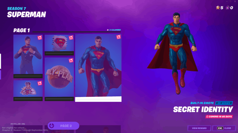 The new Fortnite Season 7 Battle Pass skin, Superman, featuring the iconic DC hero in his red and blue caped suit with the S emblazoned in a shield on his chest