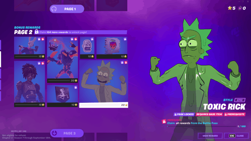 One of the variant skins for Rick Sanchez, Toxic Rick, showing the scientist glowing green with radioactive energy