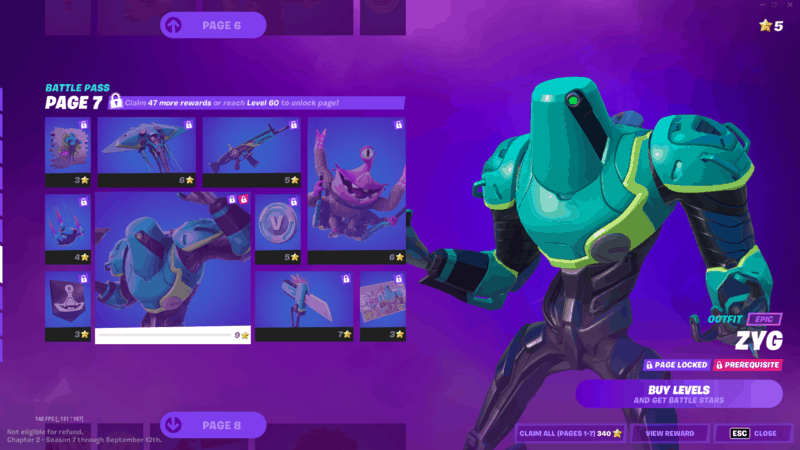 The new Fortnite Season 7 Battle Pass skin, Zyg, a green and black robot with a smooth, curved design