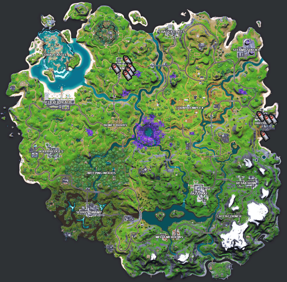 The Fortnite map, showing the location of spray cans in the Pleasant Park area