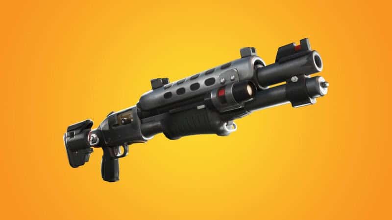 The Tactical Shotgun available in Fortnite. A bulkly black shotgun with attachments including a torch and a shock absorber