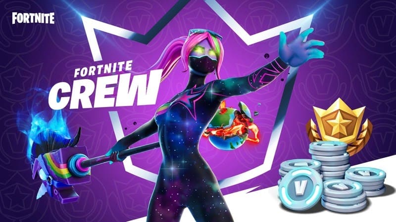 The Galaxia Fortnite crew skin standing next to a pile of V-bucks with a crown outline behind her.