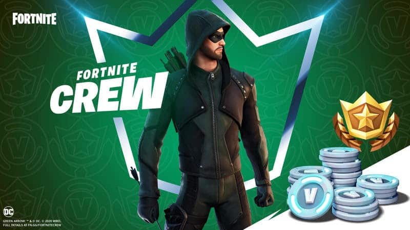 The Green Arrow Fortnite crew skin standing next to a pile of V-bucks with a crown outline behind him.