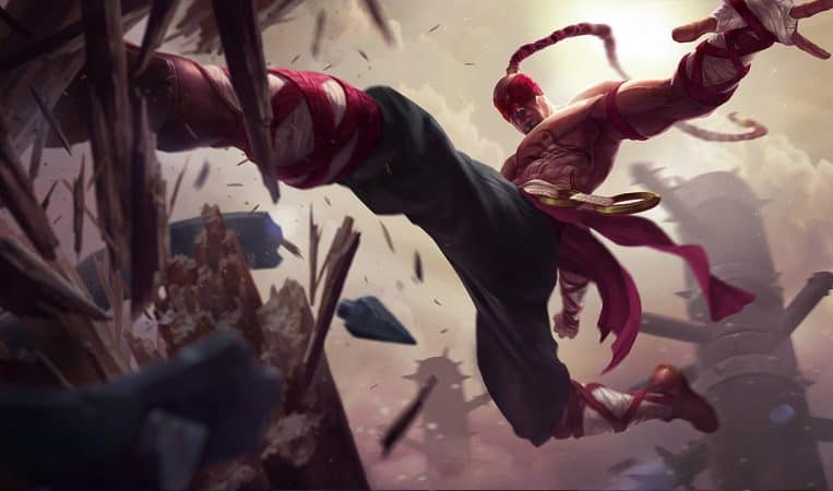 The splash art for LoL champion Lee Sin, depicting the Blind Monk kicking a log into splinters.