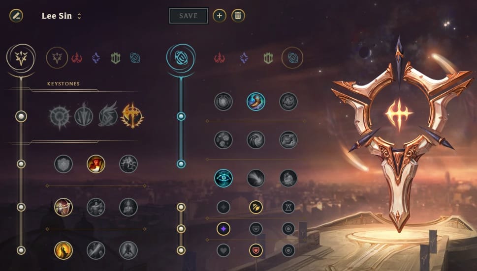 An in-client LoL rune page for Lee Sin, with the Conqueror keystone and Precision tree primary and Inspiration secondary.