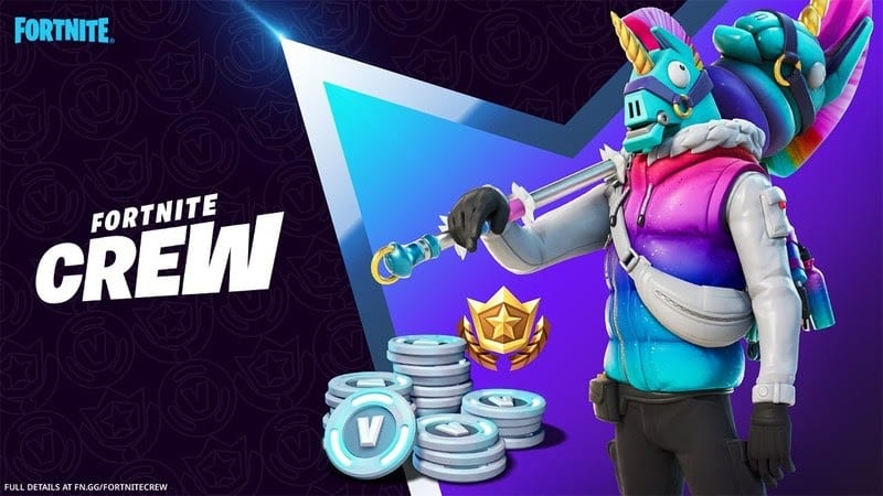 The Llambro Fortnite Crew skin appears with a pile of V-bucks beside him.
