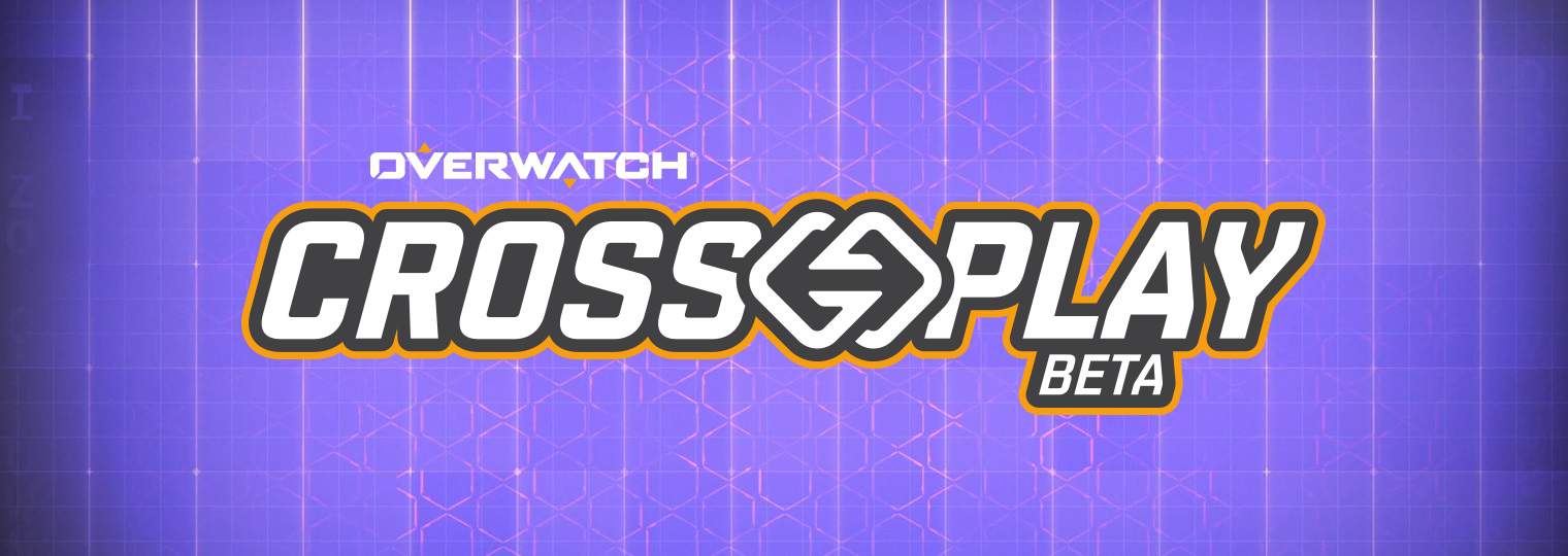 The words Overwatch Cross Play Beta" appears with a dual-sided arrow on a purple grid background.