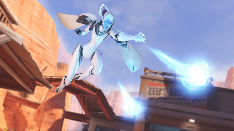 The evolutionary robot, Echo, soars through the sky launching her sticky bombs toward opponents