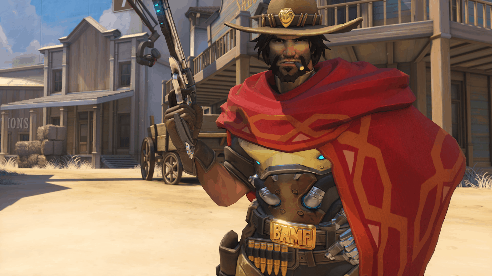 The Overwatch hero McCree stands in a deserted street with his gun cocked and raised in the air, a cigar clenched between his teeth.