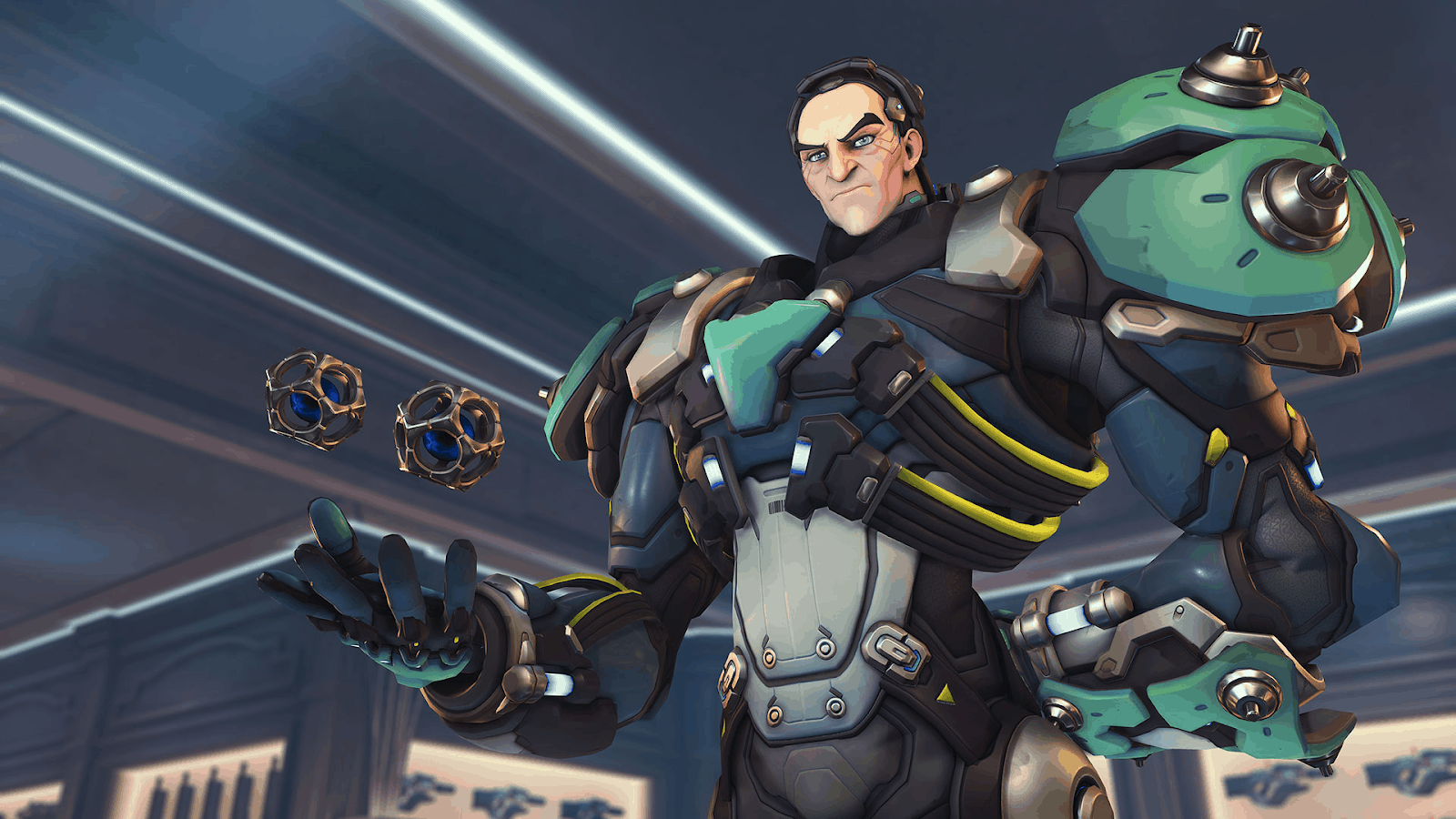 The Overwatch hero Sigma stands in his high-powered armor, his hyperspheres hovering above his outstretched palm