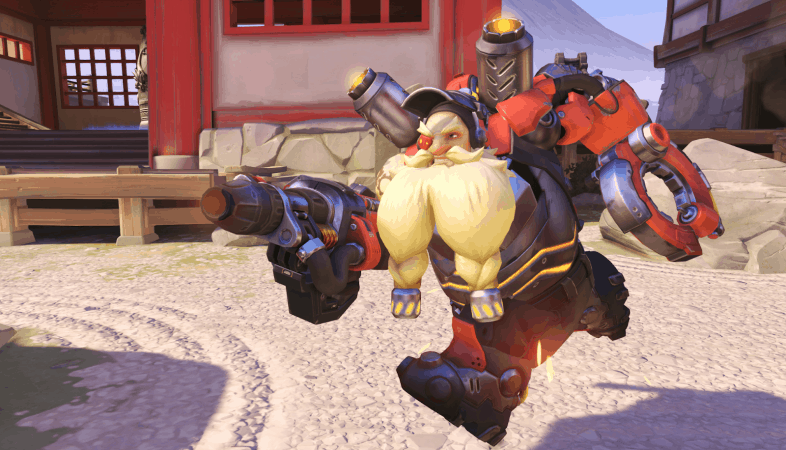 The Overwatch hero Torbjorn dashes across an empty street, his rivet gun at the ready