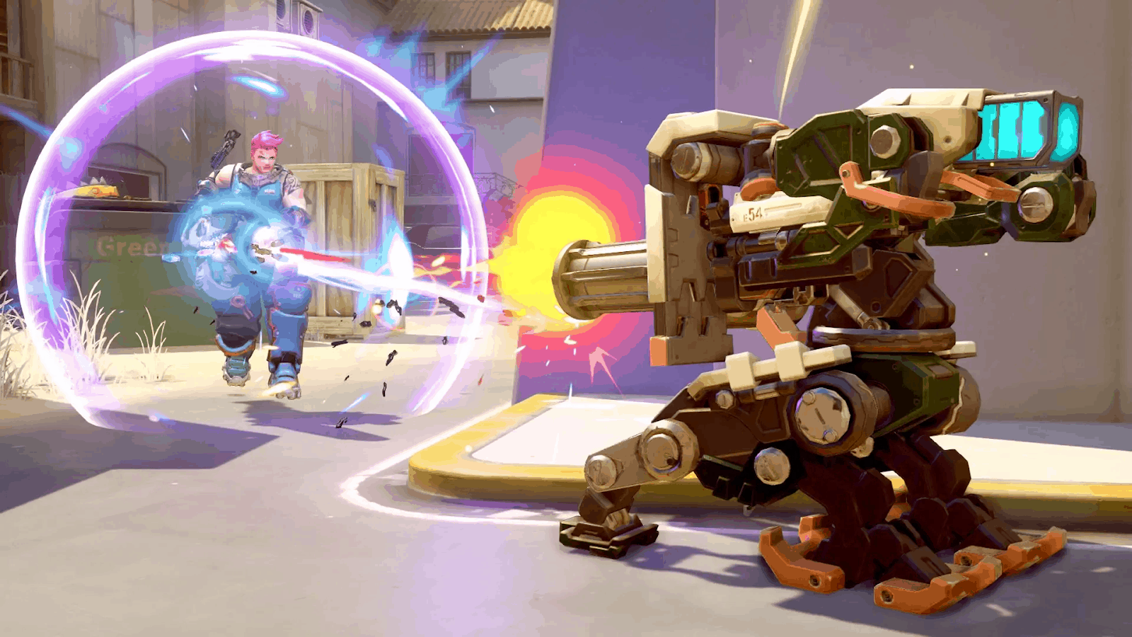 The hero Zarya deploys one of her Particle Barriers to survive a sentry barrage from an enemy Bastion