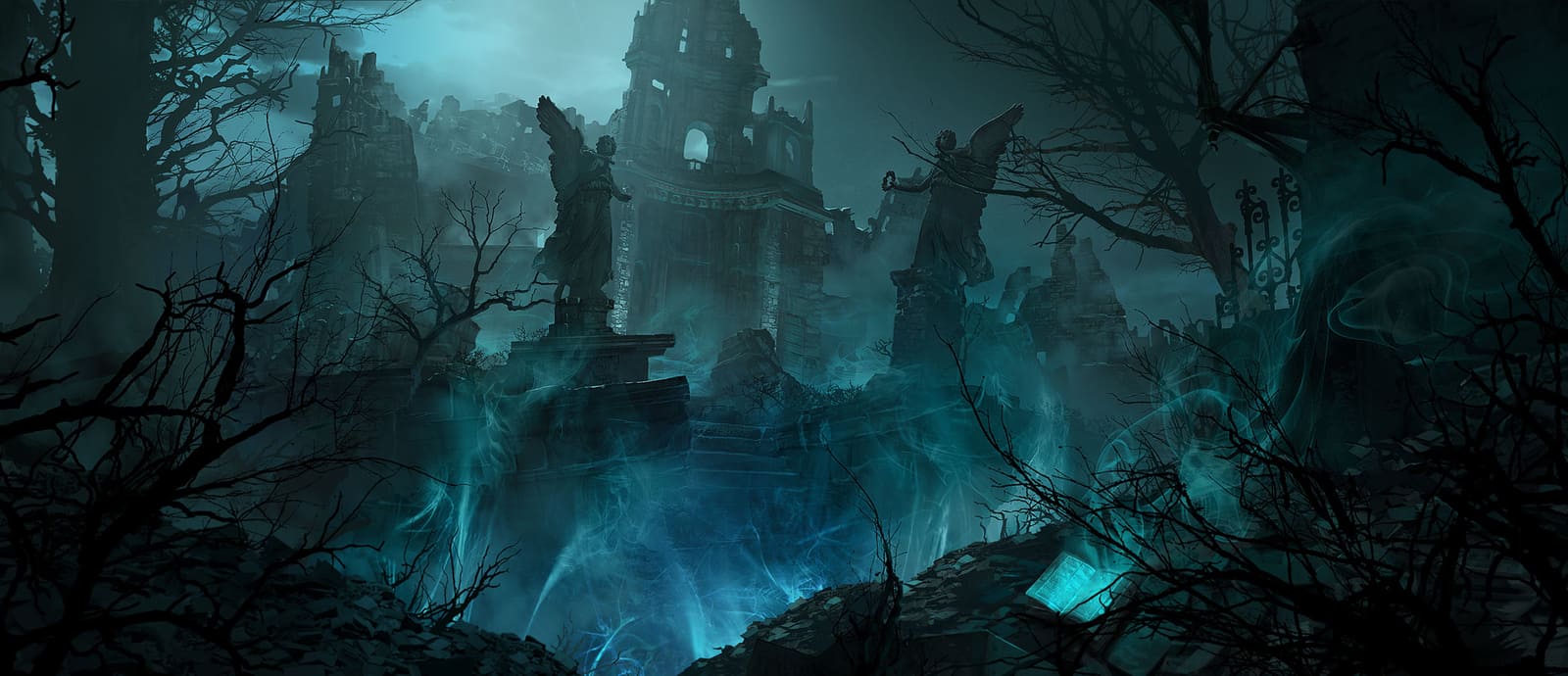 Official Riot Games art of the Shadow Isles, a dark, desolate land overcome by a deadly green mist.