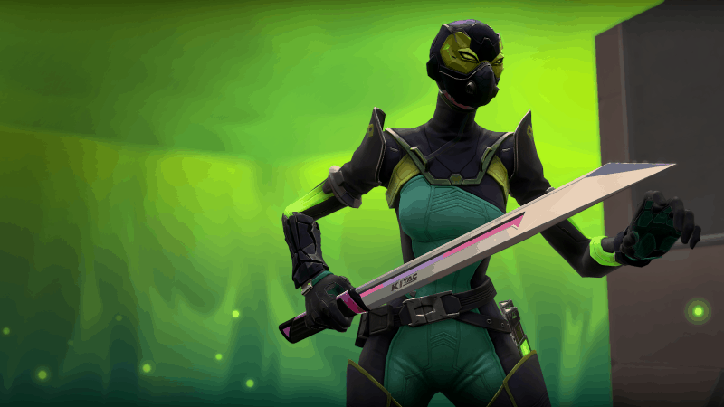 The Valorant agent Viper stands with her melee weapon drawn featuring the new KTAC melee skin