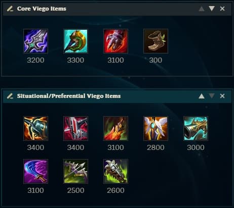 An LoL in-client item page for Viego, with items split into two boxes, one titled Core Viego Items and the other Situational/Preferential Viego Items.