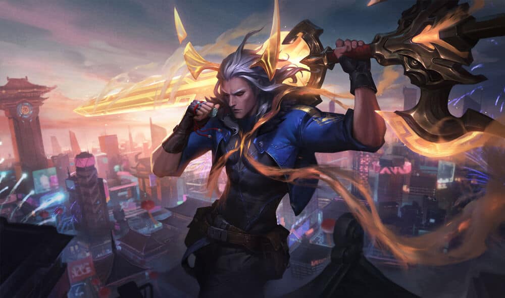 The splash art for LoL skin Lunar Beast Viego, showing Viego holding a golden sword behind his back above a cityscape.