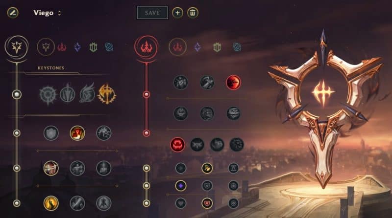 An in-client rune page for LoL champion Viego, with the Conqueror keystone and Precision as the primary tree and Domination as the Secondary.