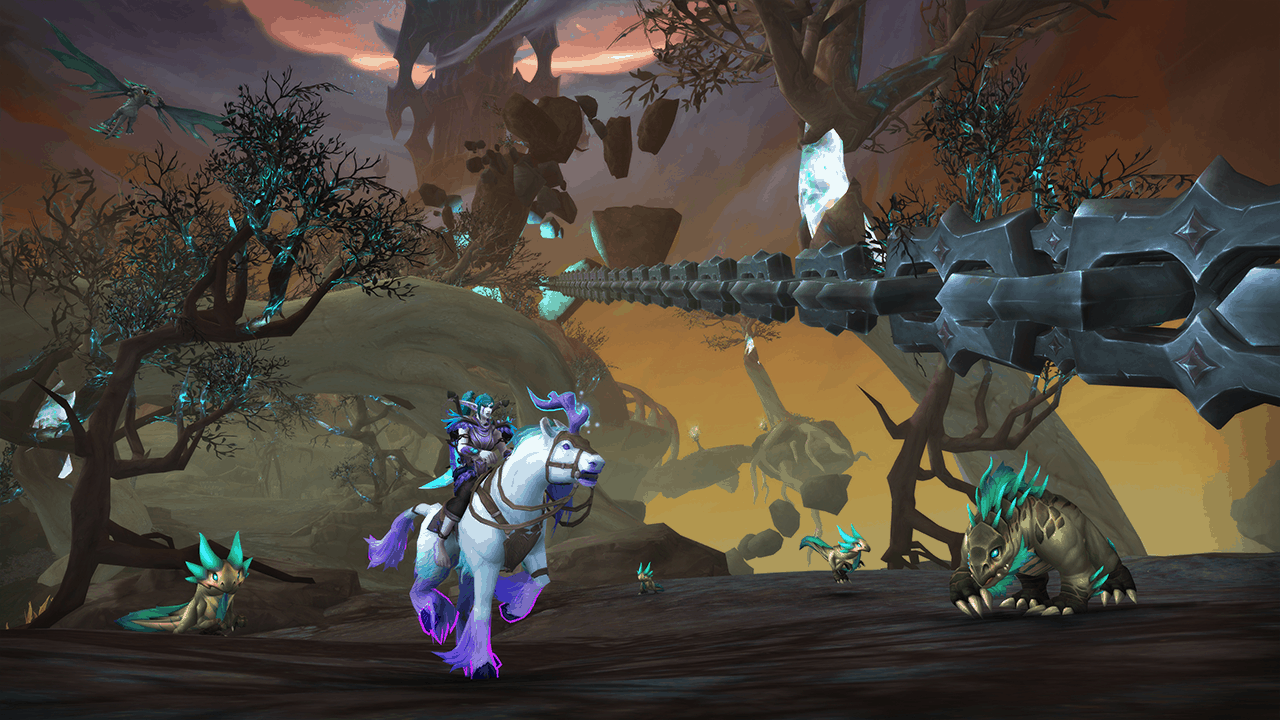 A Night Elf rides her Shimmermist Runner Unicorn through the strange demonic landscape of Korthia