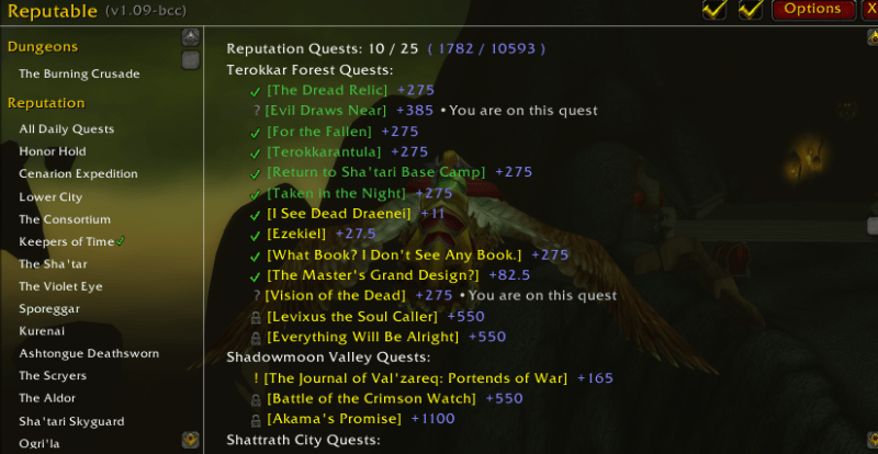 An in-game screen grab of the reputation menu, showing completed quests in green text