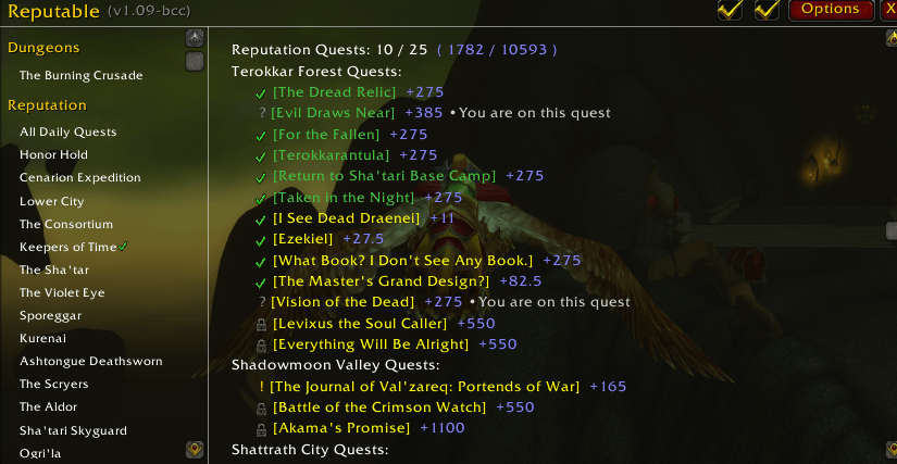 An in-game screen grab of the reputation menu, showing completed quests in green text