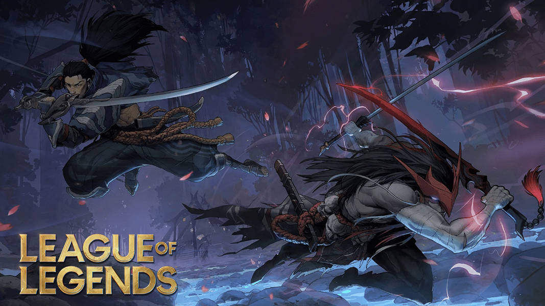 League of Legends champions Yone and Yasuo leap into action with swords drawn in a dark forest. The LoL logo appears in the corner.