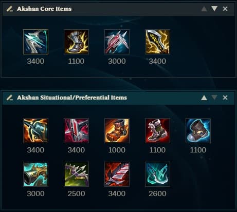 A sample item build for LoL champion Akshan, showing a host of items split into two boxes, one labelled Core Akshan Items and the other Situational/Preferential Akshan Items.