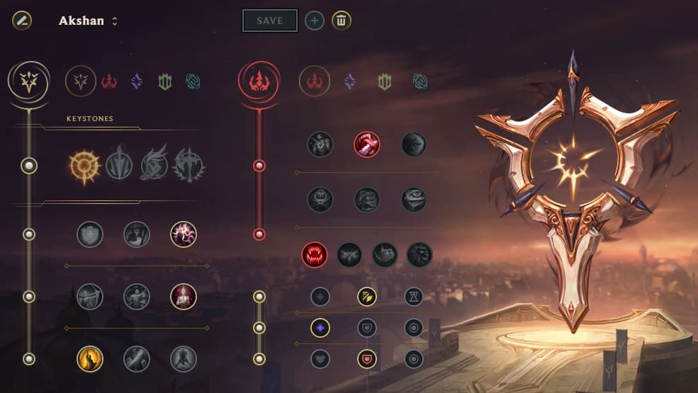 A rune page for League of Legends champion Akshan, showing the Precision Tree chosen primarily with the Press the Attack rune and Domination as the secondary tree.