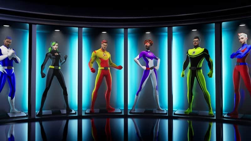 A variety of super hero outfits are shown in lit-up slots as the Fortnite Boundless collection.