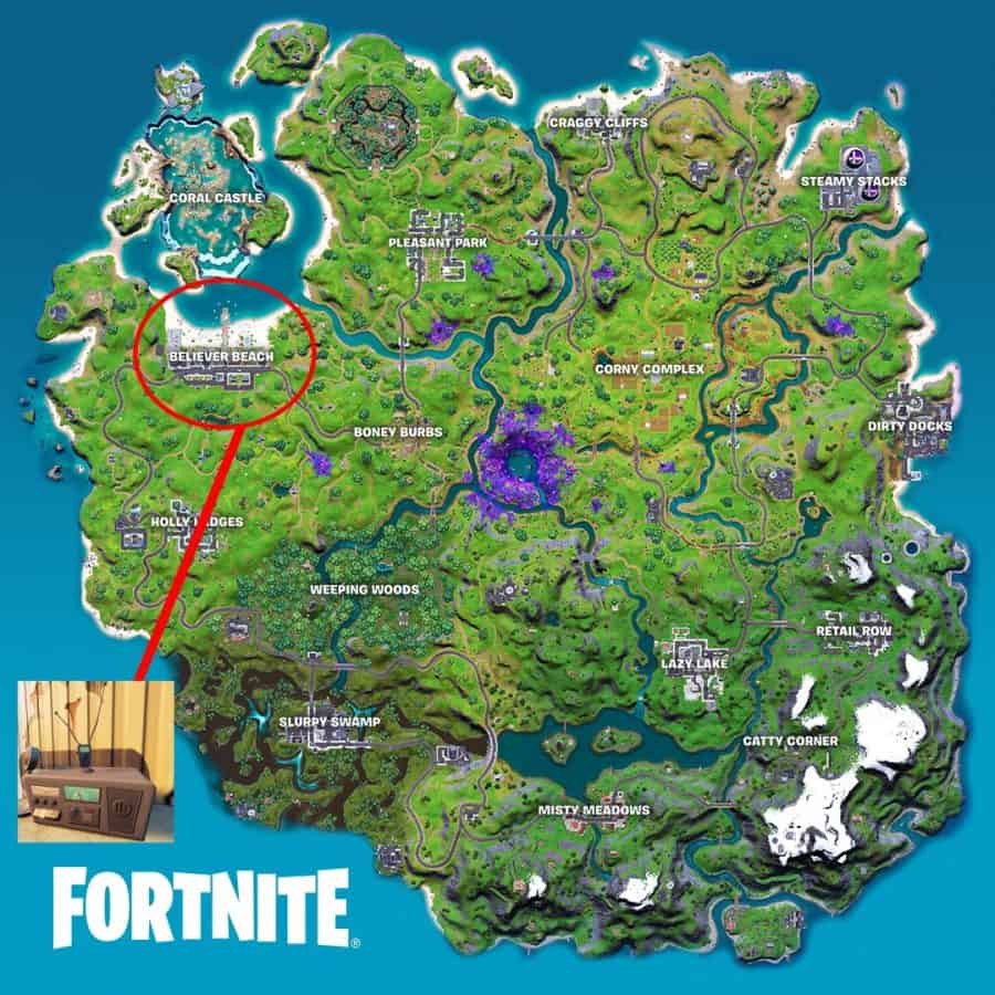 The Fortnite Chapter 2 Season 7 map with a picture of a CB Radio and a line connecting it to a red circle over Believer Beach.
