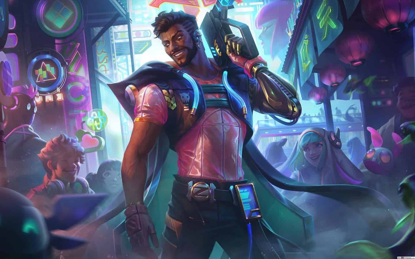 The Cyber Pop Akshan skin splash art, showing LoL champion Akshan in a futuristic city holding his signature grappling hook gun with a charismatic smile.