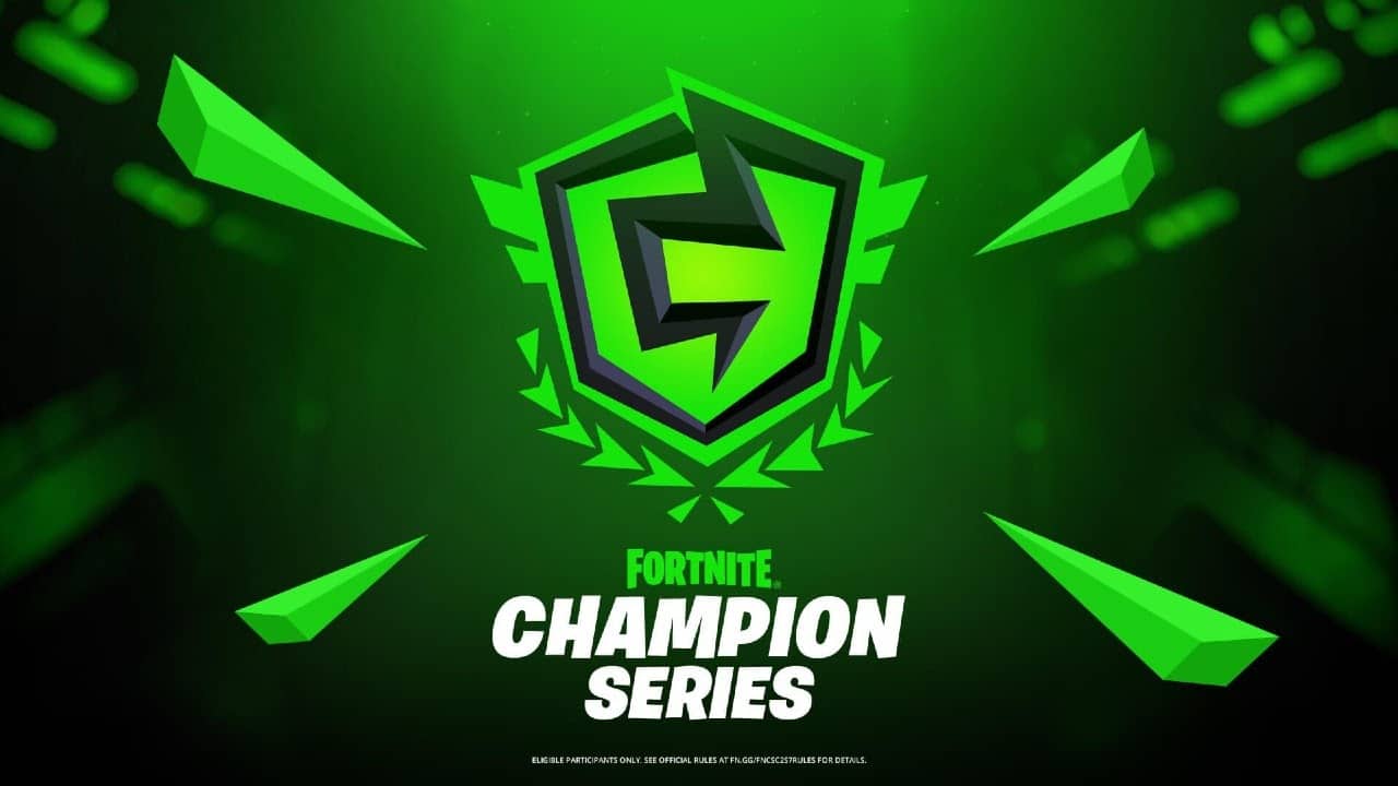 The FNCS shield logo appears in a dark green variant with shapes jutting away from it with the words "Fortnite Champion Series" below.