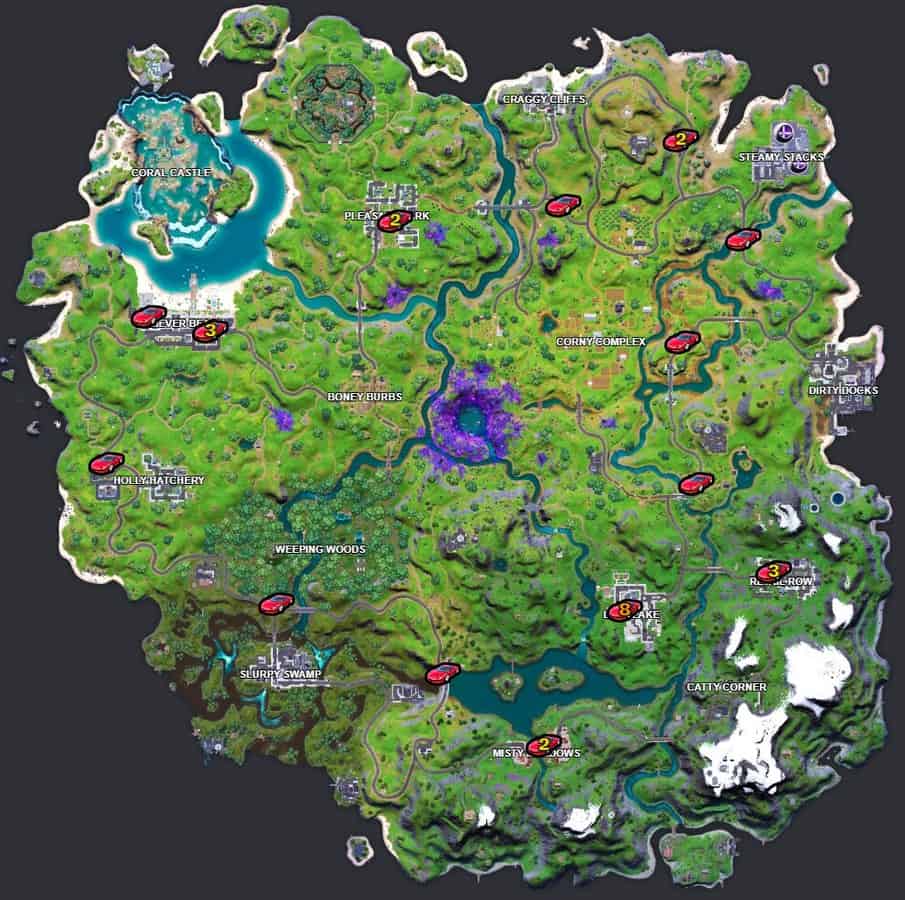 The Fortnite Chapter 2 Season 7 map with marks on it on where to find the Ferrari 296 GTB in-game.