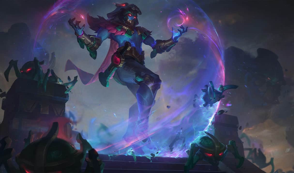 The splash art for World Breaker Malzahar, showing the void menace floating in the mountains with an energy shield around him.