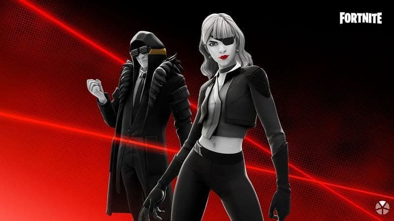The pitch-white Siren Fortnite skin stands before a cloaked figure on a red and black background.