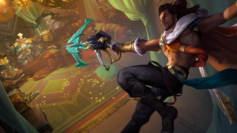 LoL/LoR champion Akshan flies into an open window and aims his grappling hook gun at a large man controlling black mist magic.