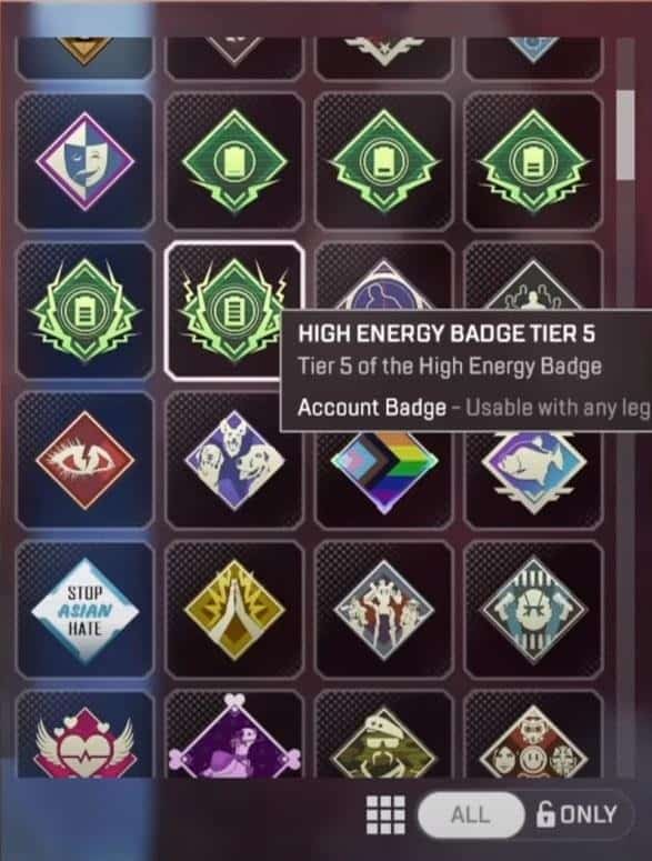 The new High Energy badges available for badge collectors as shown on the badge tier list ingame