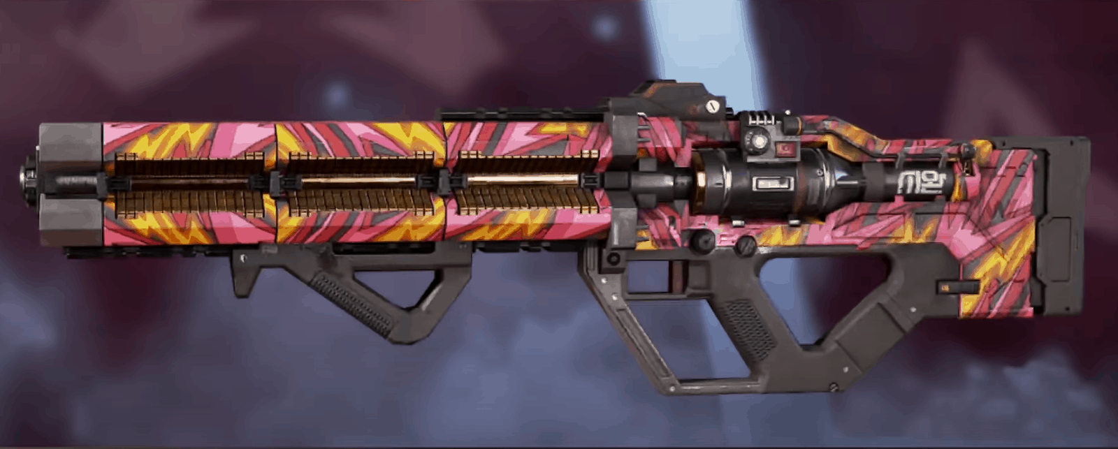 The rare Electric Momentum skin available for the Havoc, featuring orange, yellow and pink lightning bolts