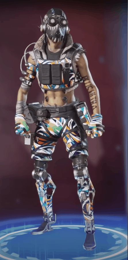 The Abstract Splash skin for Octane featuring a middrift vest printed with colourful abstract shapes and matching gloves
