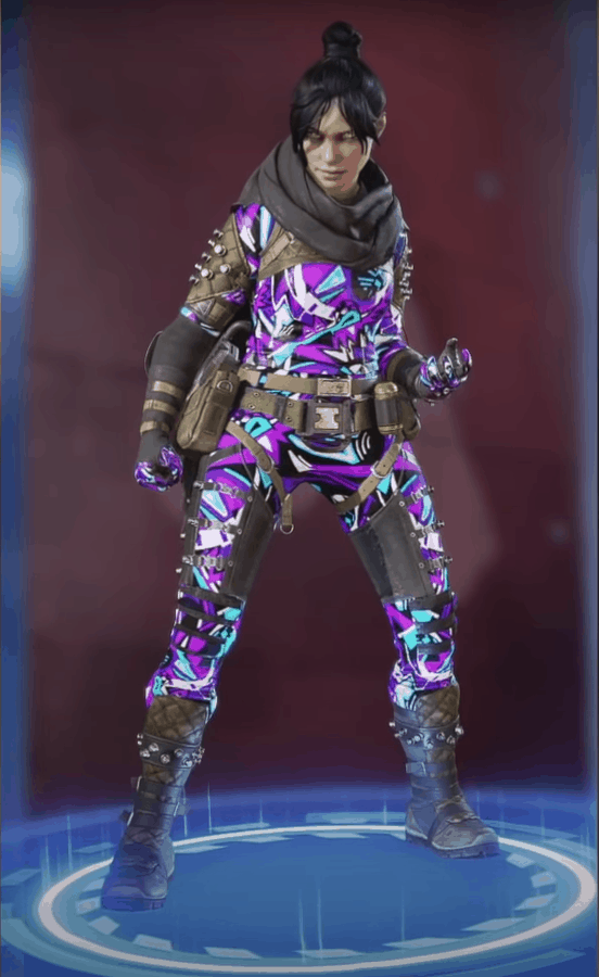 The Energy Transfer skin for Wraith, featuring a print of purple, white and blue abstract shapes with combat boots and studded gloves