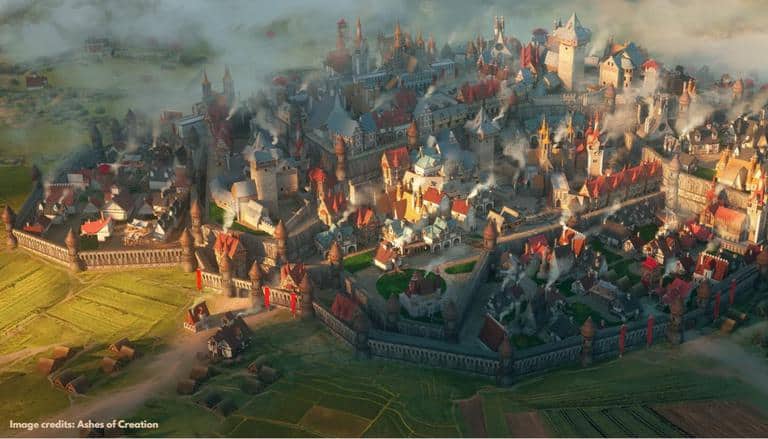 Concept art from Ashes of Creation depicting a grand medieval city with the sun setting on it.