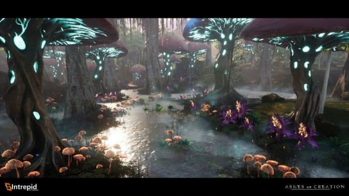 An image from Ashes of Creation showing a murky swamp biome with large mushroom-like trees.