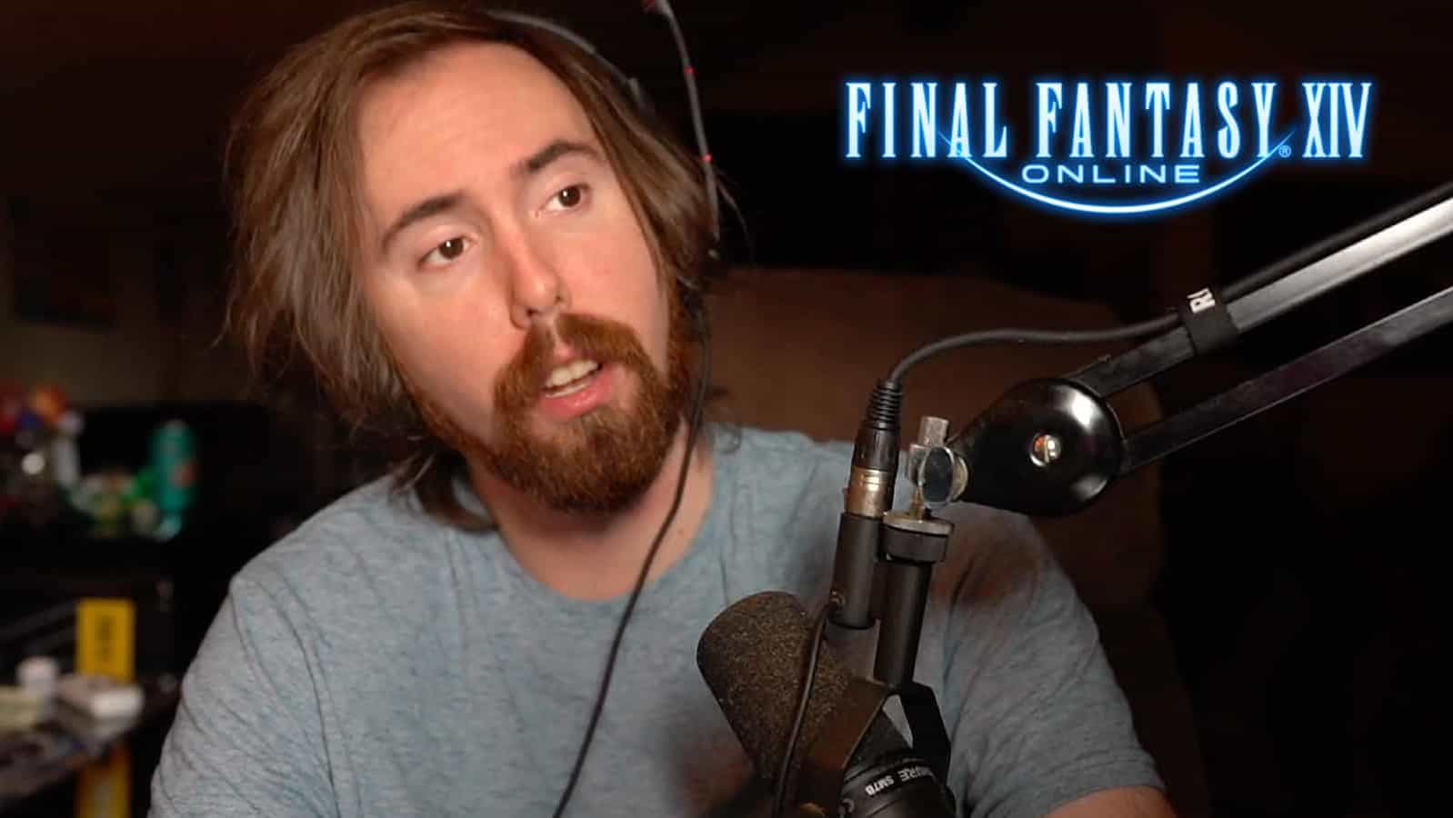 Twitch streamer Asmongold on his broadcast with the Final Fantasy XIV logo in the corner.