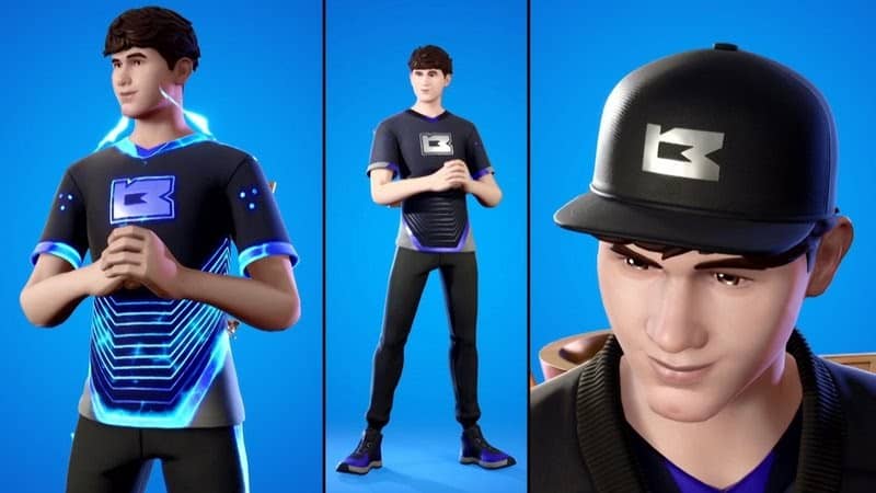 The image is split into three parts, each showing a different view of Kyle “Bugha” Giersdorf's ICON Series Fortnite skin.