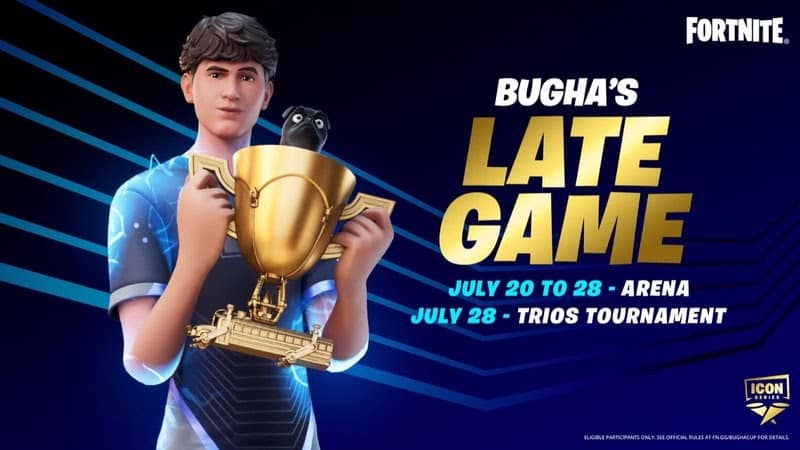 Kyle “Bugha” Giersdorf's ICON Series skin holds a trophy next to the words "Bugha's Late Game" with event info below.