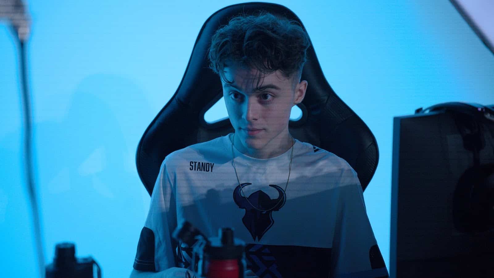 Eli "Standy" Bentz sits at the PC in his Minnesota Rokkr jersey