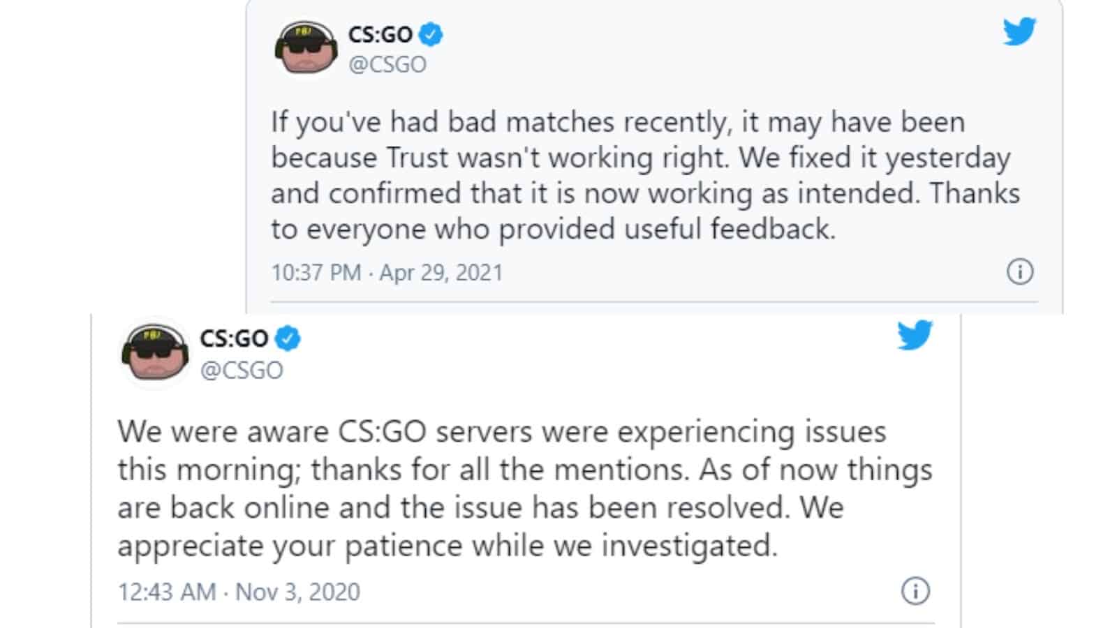 Two past tweets from the official CS:GO Twitter account explaining updates and changes the dev team have made to improve matches