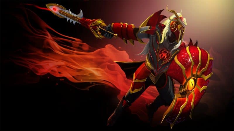 The hero, Dragon Knight, the young knight Davion, charges into battle with his red shield at the ready, a dragons eye in the centre.