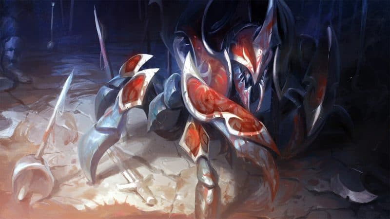 The insectoid hero, Nyx Assassins, scurries over the battlefield in the Ascendant Nyx loading screen